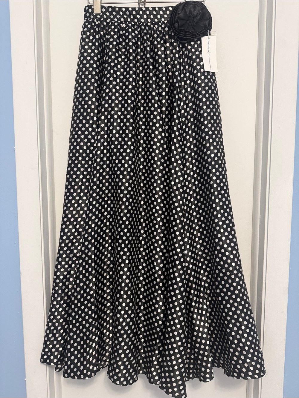 Black and White Polka Dot A-Line Maxi Skirt with Waist Rosette